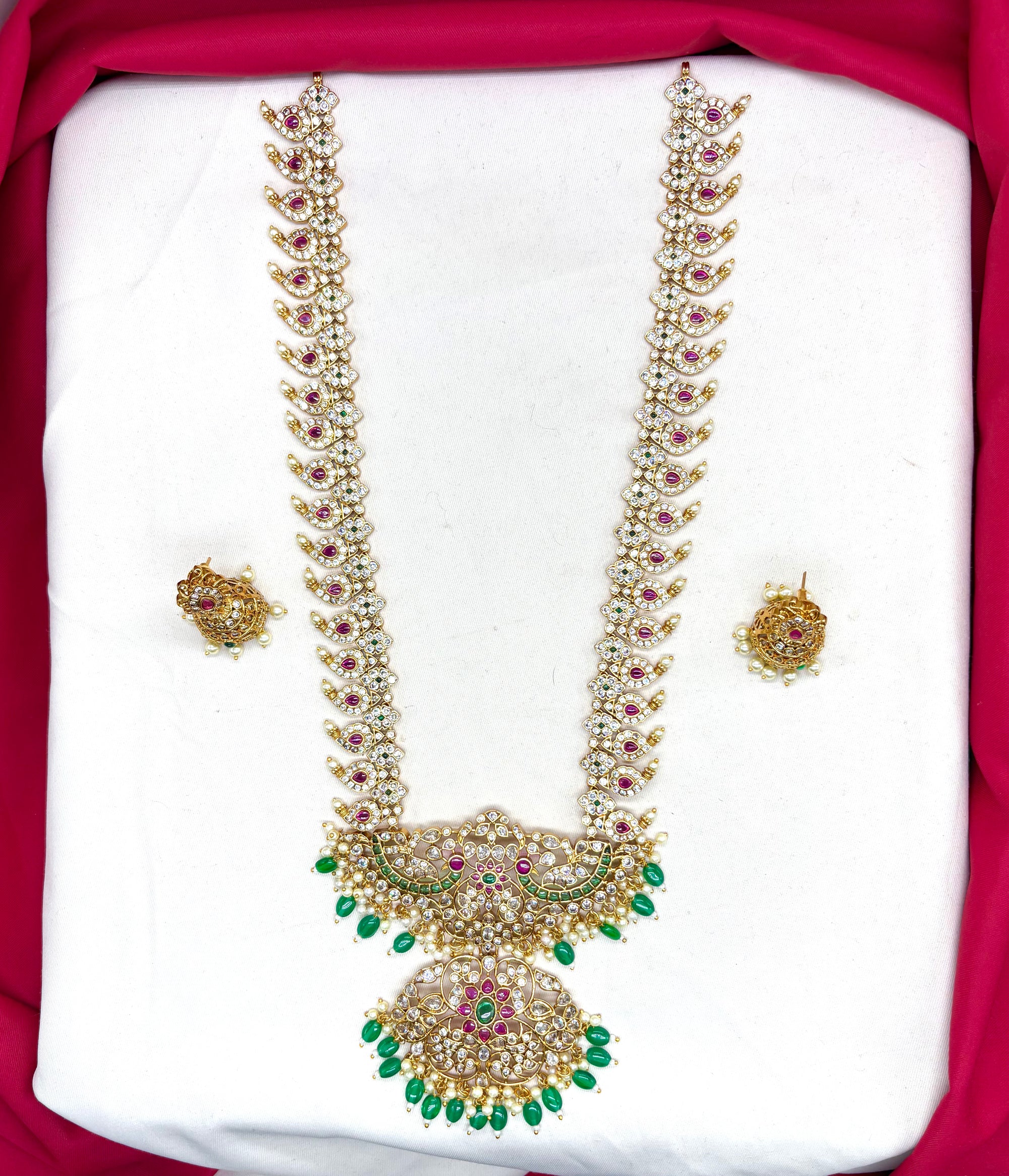 Premium Jadau Kundan Mango Design with Red Beads Long Haram Necklace