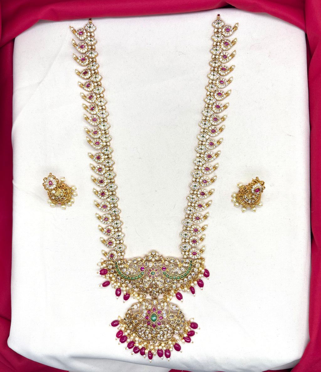 Premium Jadau Kundan Mango Design with Red Beads Long Haram Necklace