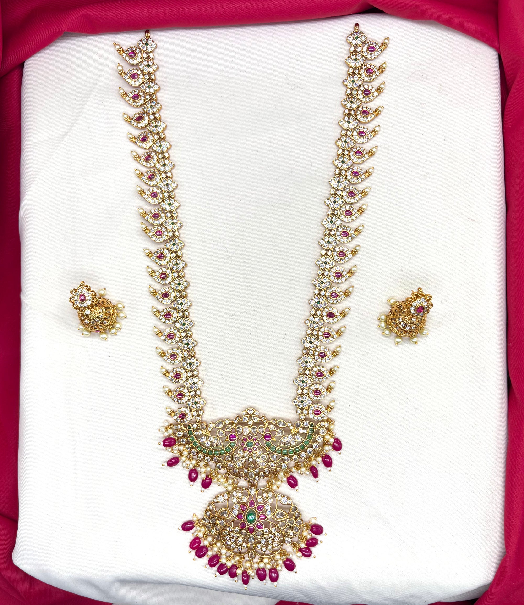 Premium Jadau Kundan Mango Design with Red Beads Long Haram Necklace