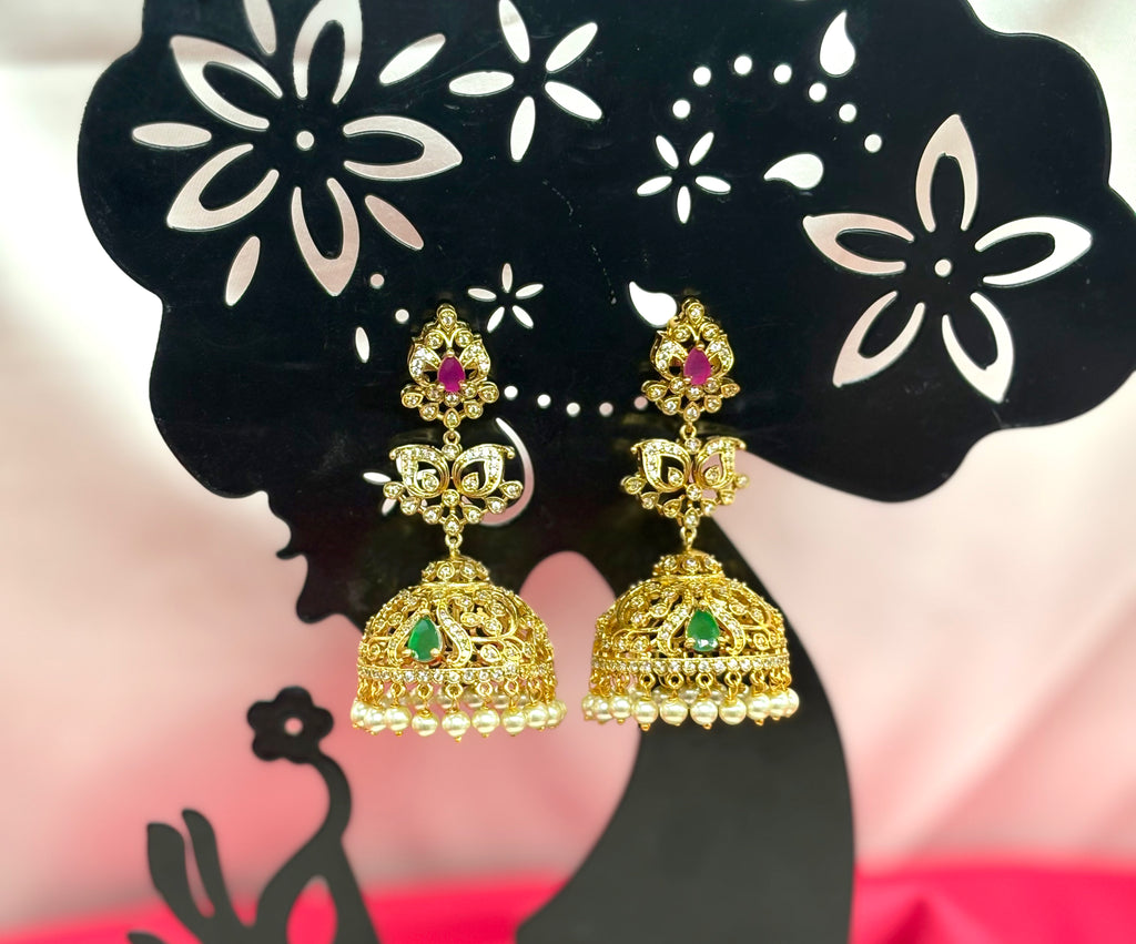 Matte finishing floral design with Ad stones pink & Green stone Jhumka Earring
