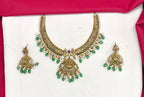 Nakshi finishing floral design with Lord Lakshmi pendant Green Beads Short Necklace