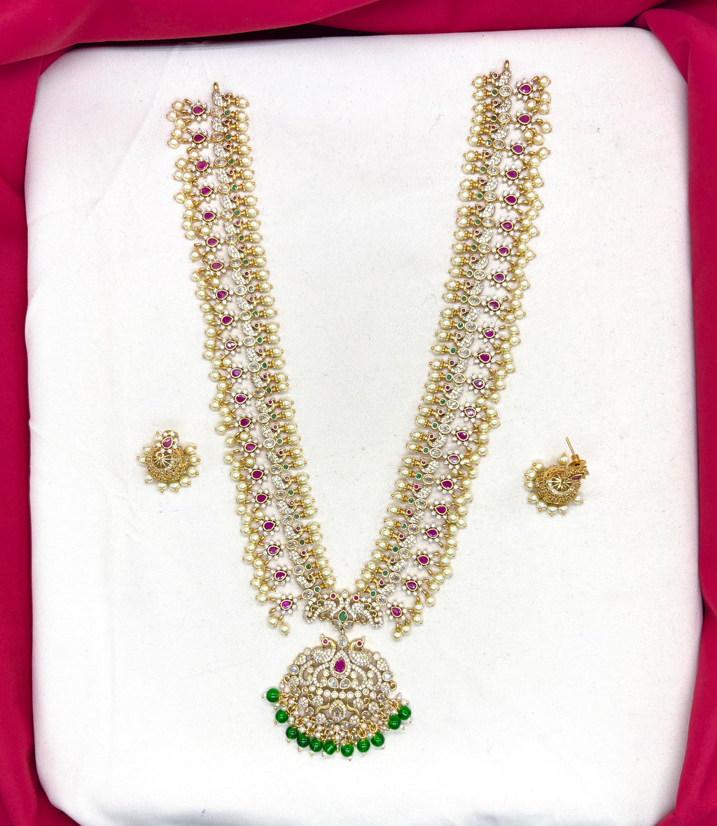 Matte finishing White pearls with Green & pink stones peacock designe finish pendent Long Haram Necklace
