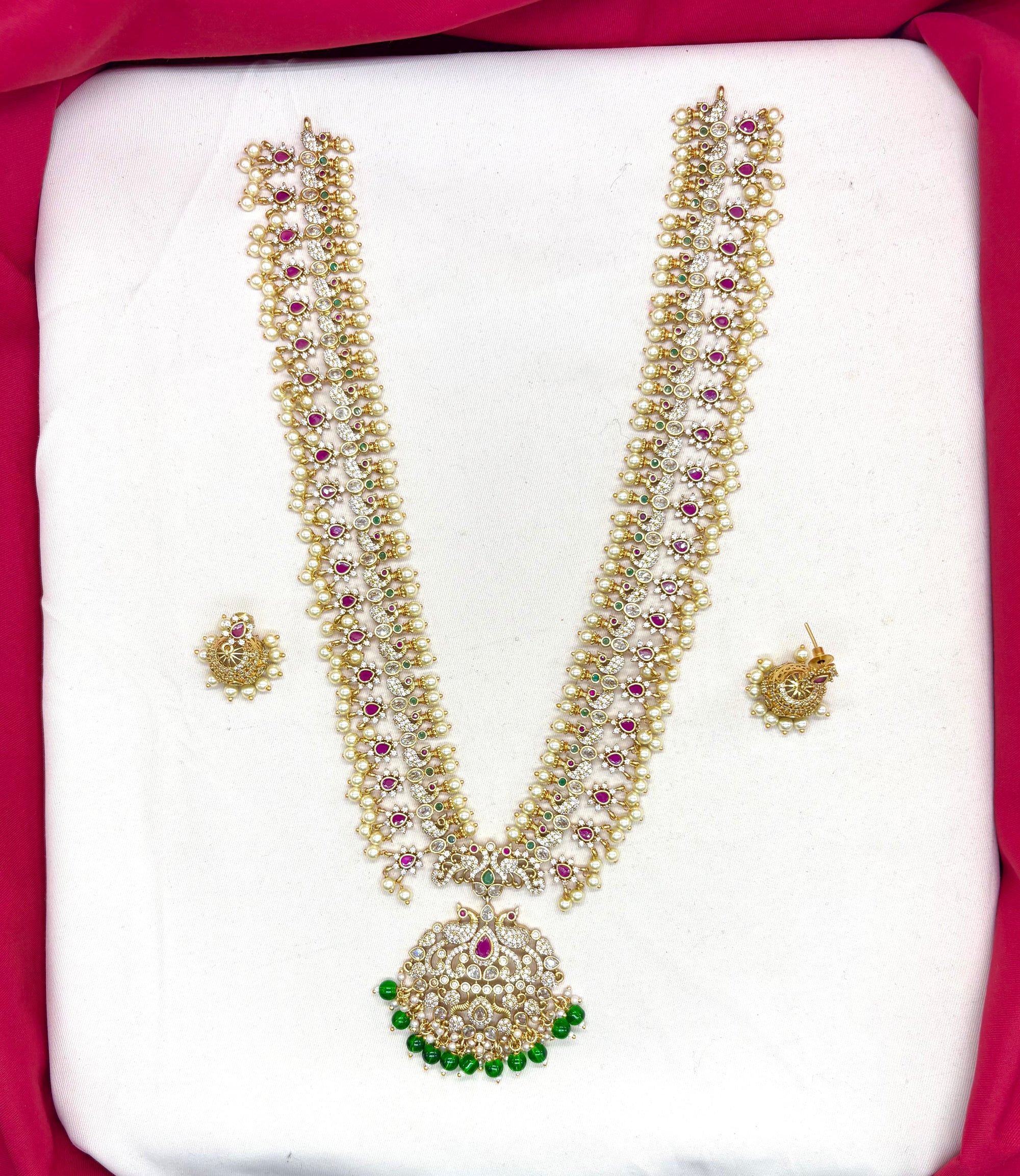 Matte finishing White pearls with Green & pink stones peacock designe finish pendent Long Haram Necklace