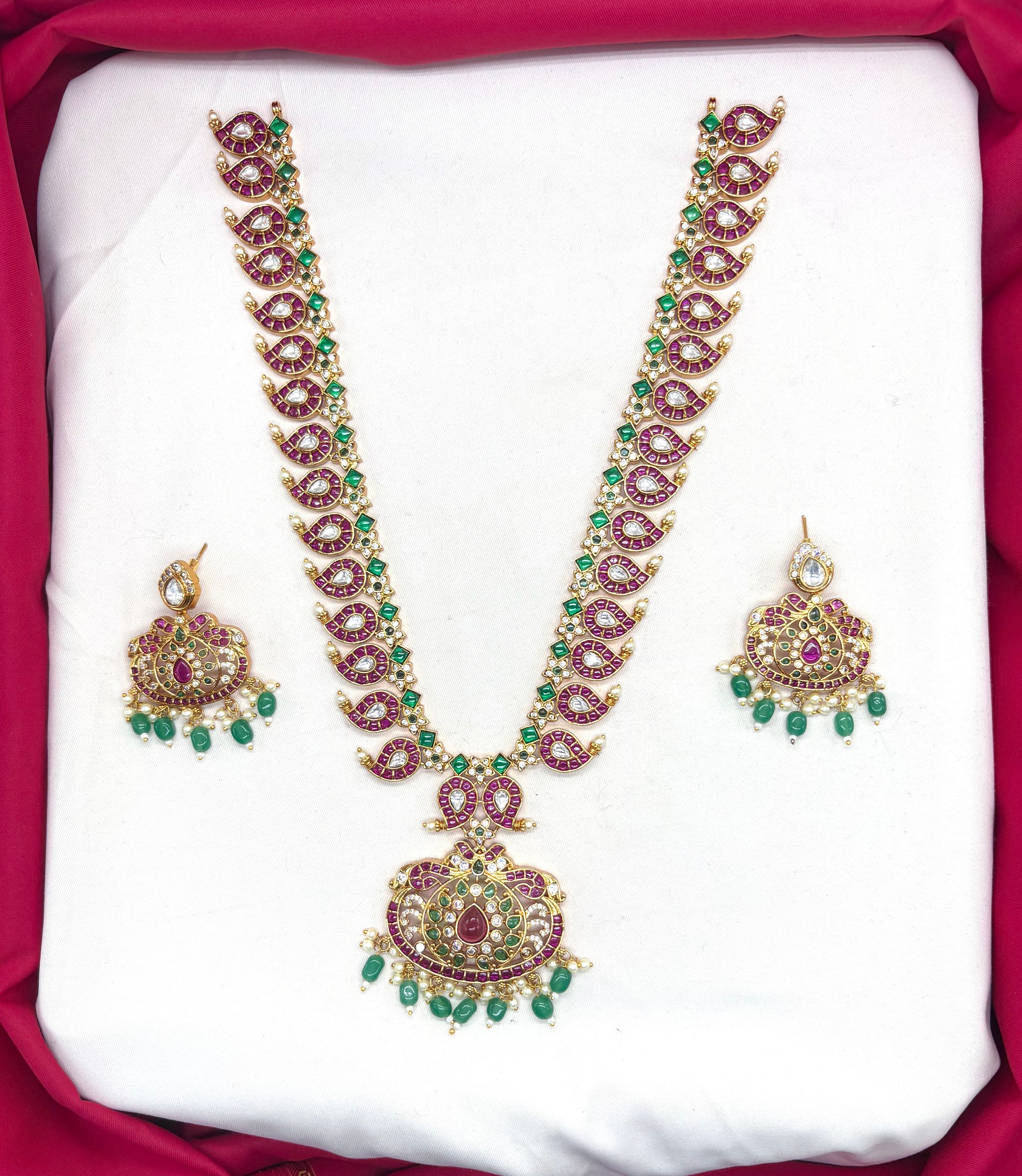 Premium Jadau kundan with floral finish and Green beads Long Necklace