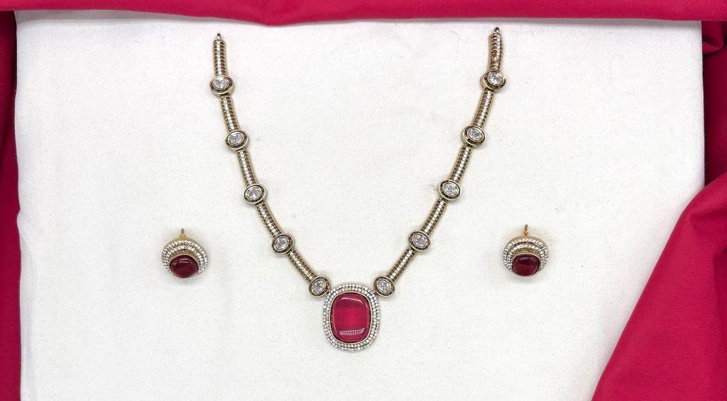 Victorian finishing with American Diamond with Red Stone Short Necklace