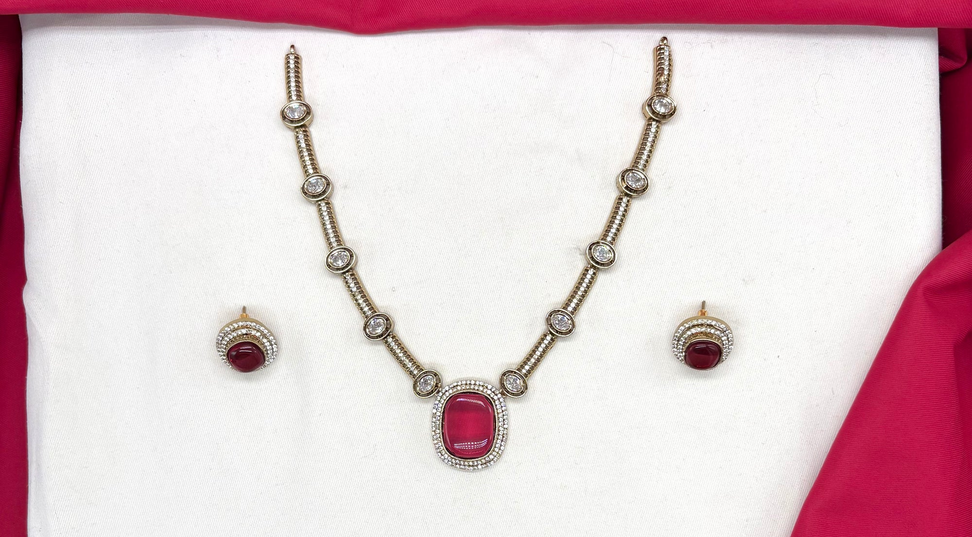 Victorian finishing with American Diamond with Red Stone Short Necklace