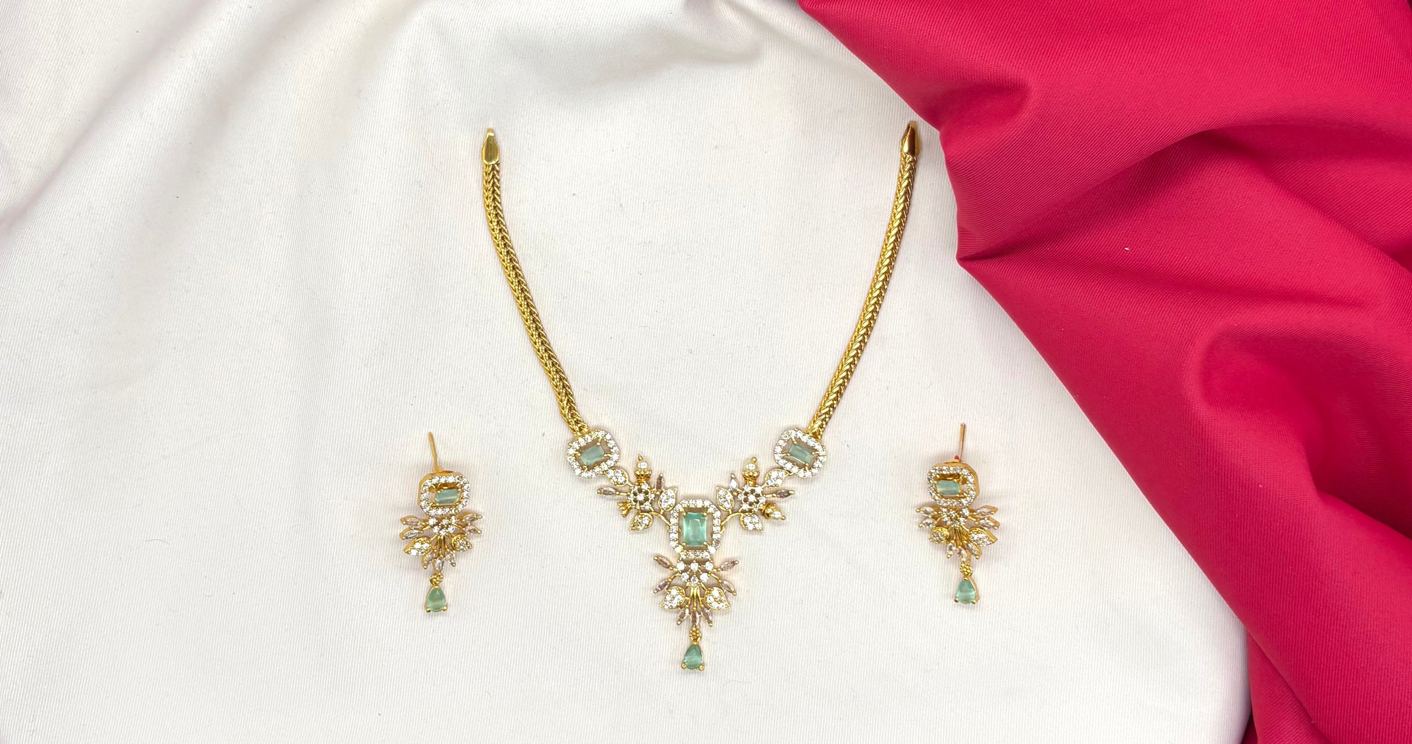 American Diamond Zirconia
Mint-Green Studded Floral Short Necklace