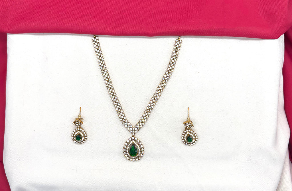 Victorian finishing American Diamonds with Central Green Stone Short Necklace