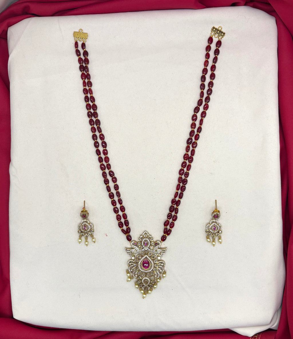 Premium Layered peacock design pendent Maroon stones Rani-Haram