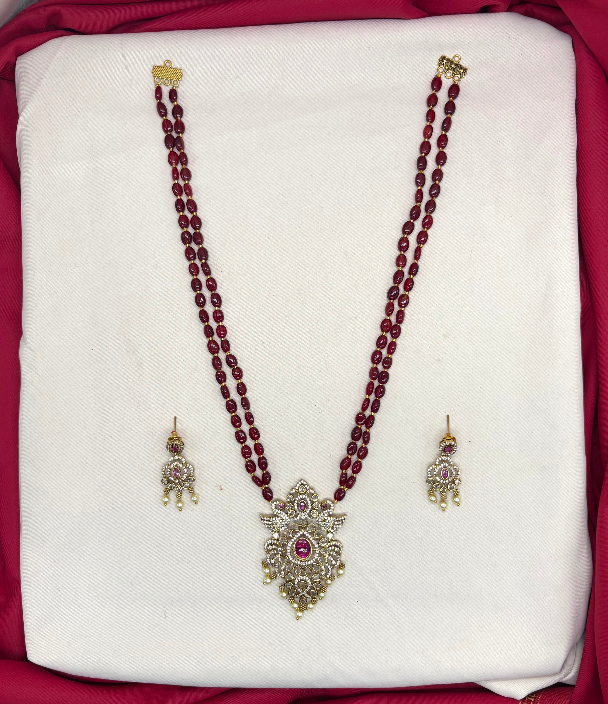 Premium Layered peacock design pendent Maroon stones Rani-Haram