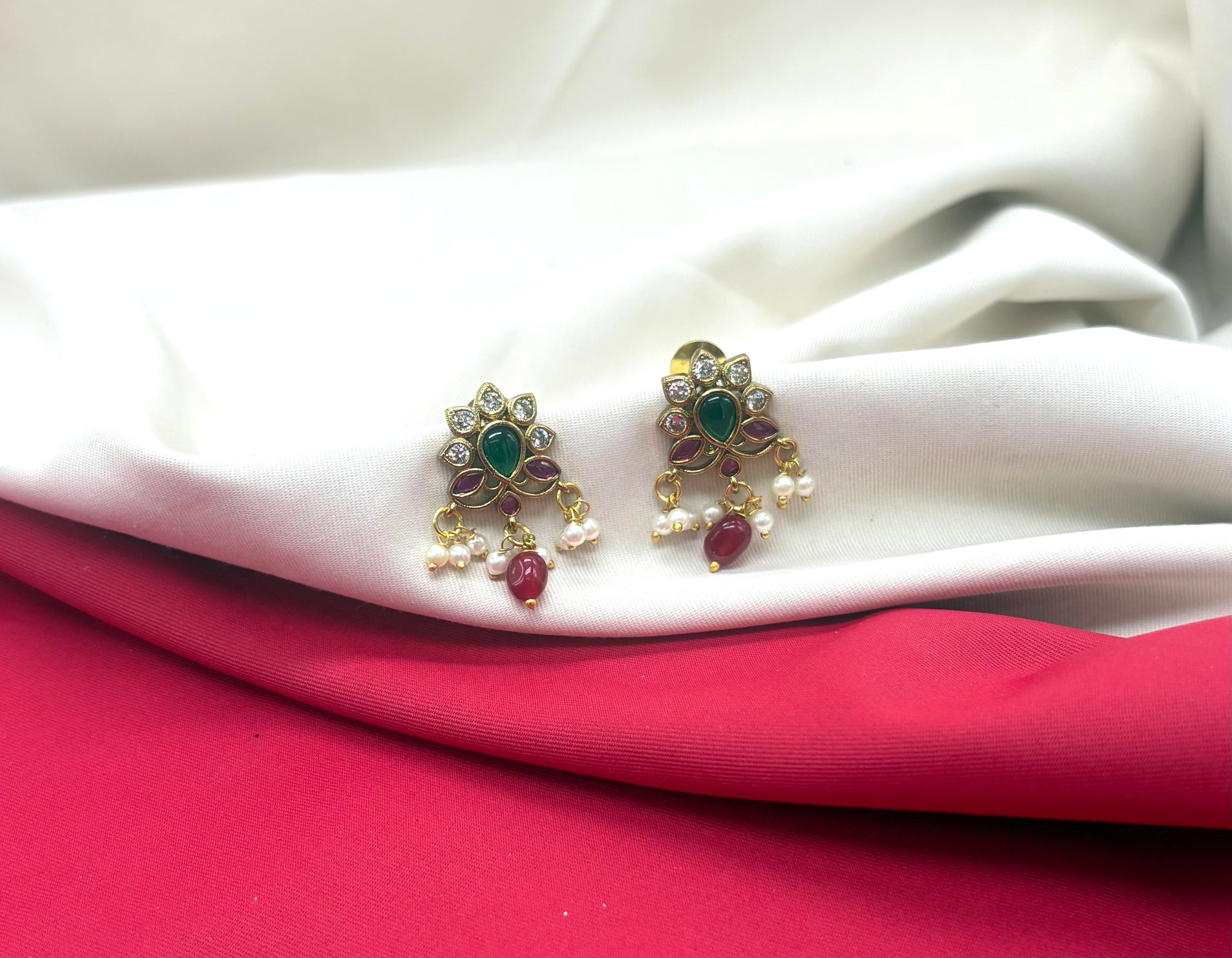 Kempu jadau Flower design dangling Red stone drop Earring