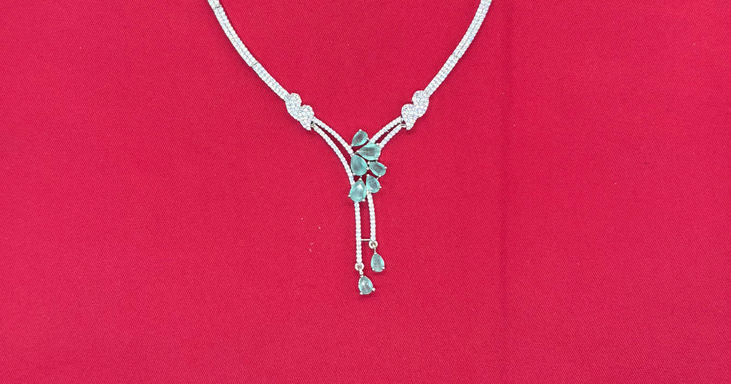 Silver American Diamonds stones deep Mint-Green teardrop and floral-shaped stones Short Necklace