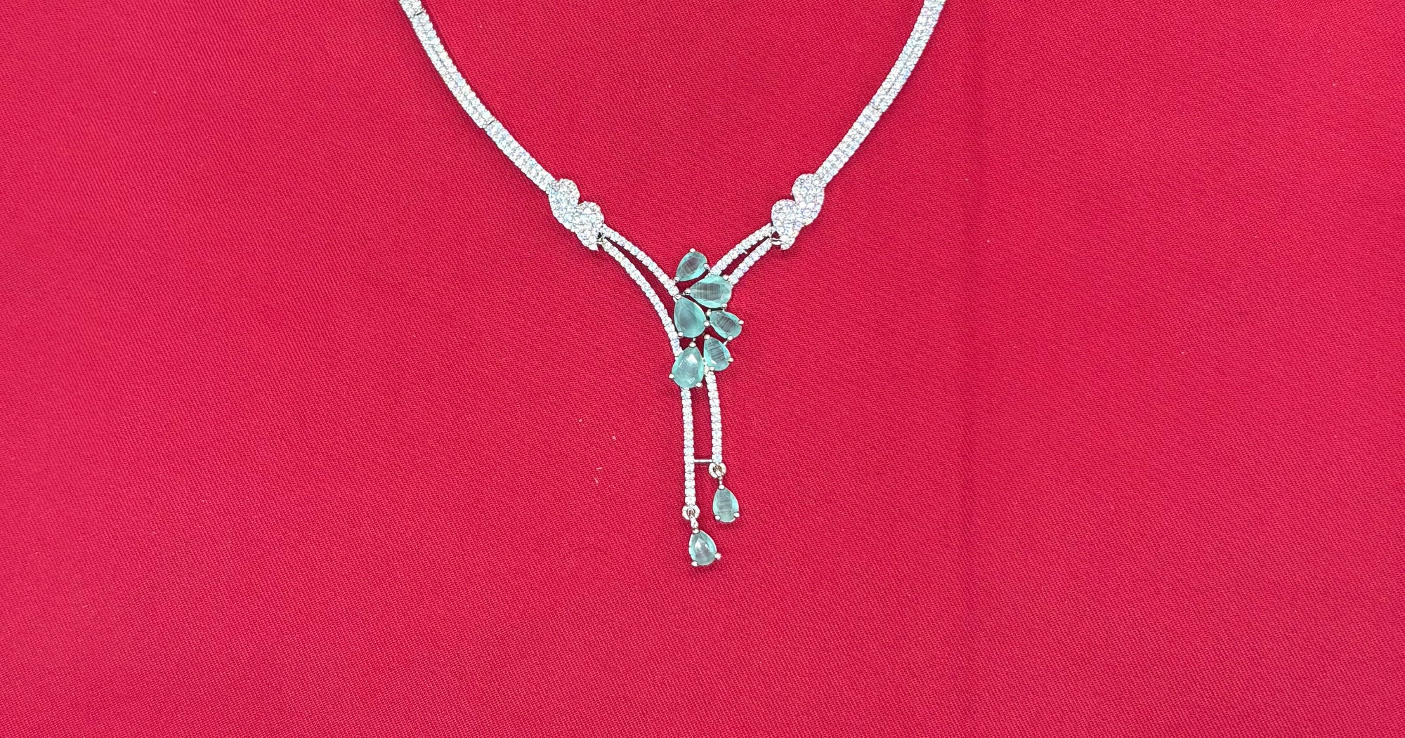 Silver American Diamonds stones deep Mint-Green teardrop and floral-shaped stones Short Necklace