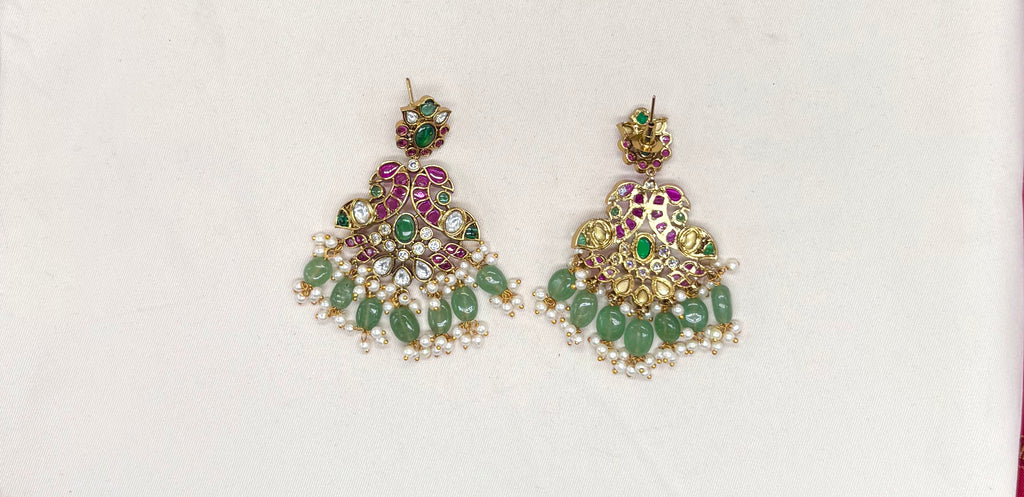 Premium Jadau Kundan Peacock Floral design with Mintgreen Beads Short Necklace