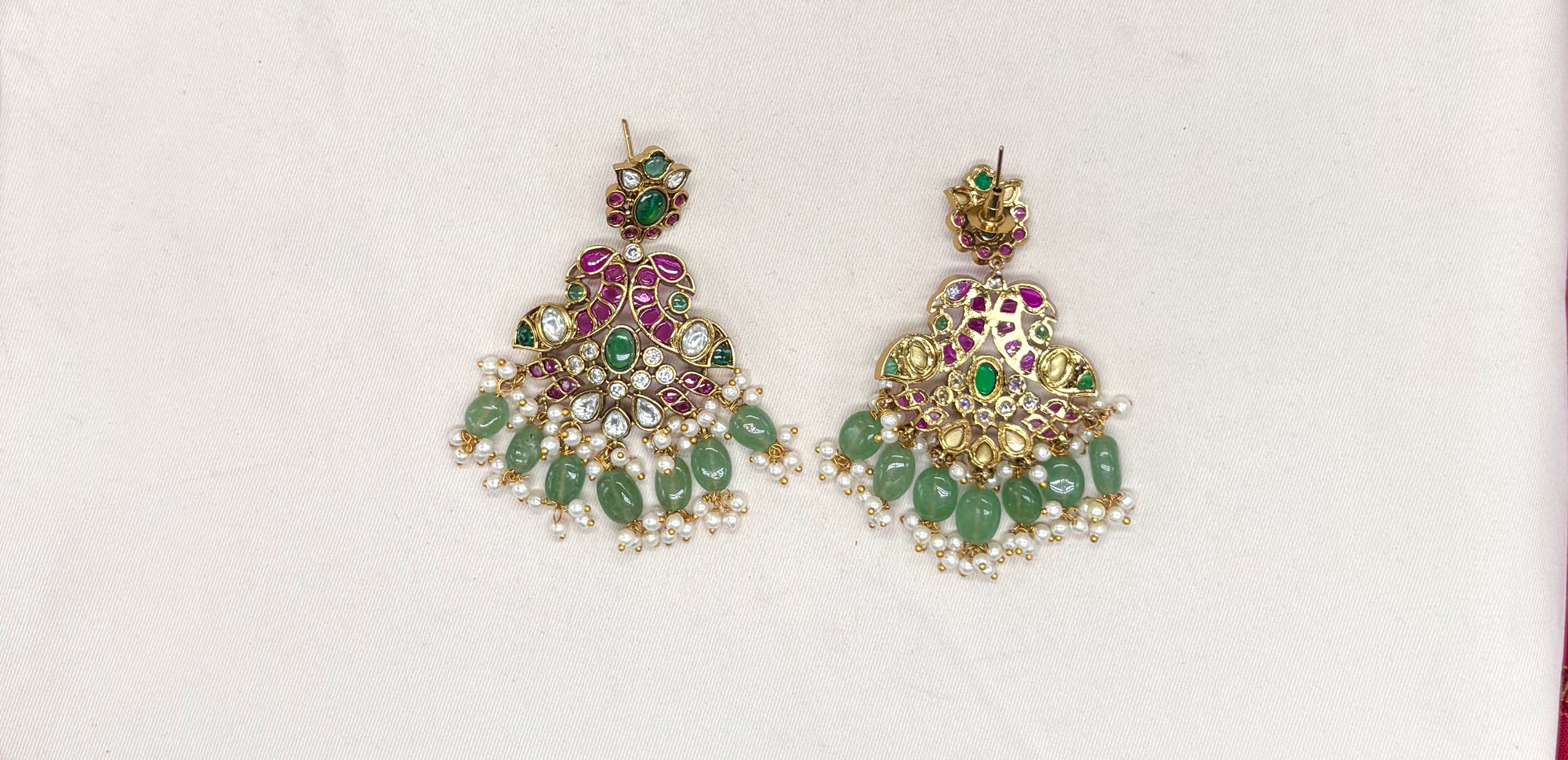 Premium Jadau Kundan Peacock Floral design with Mintgreen Beads Short Necklace