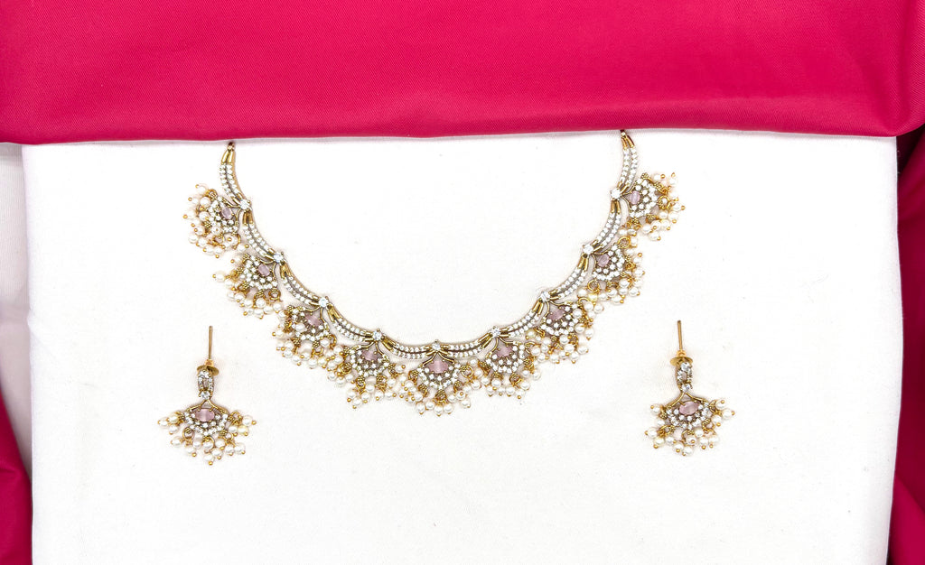 Matte finishing American Diamonds with Baby-Pink stones and Guttapusalu Short Necklace