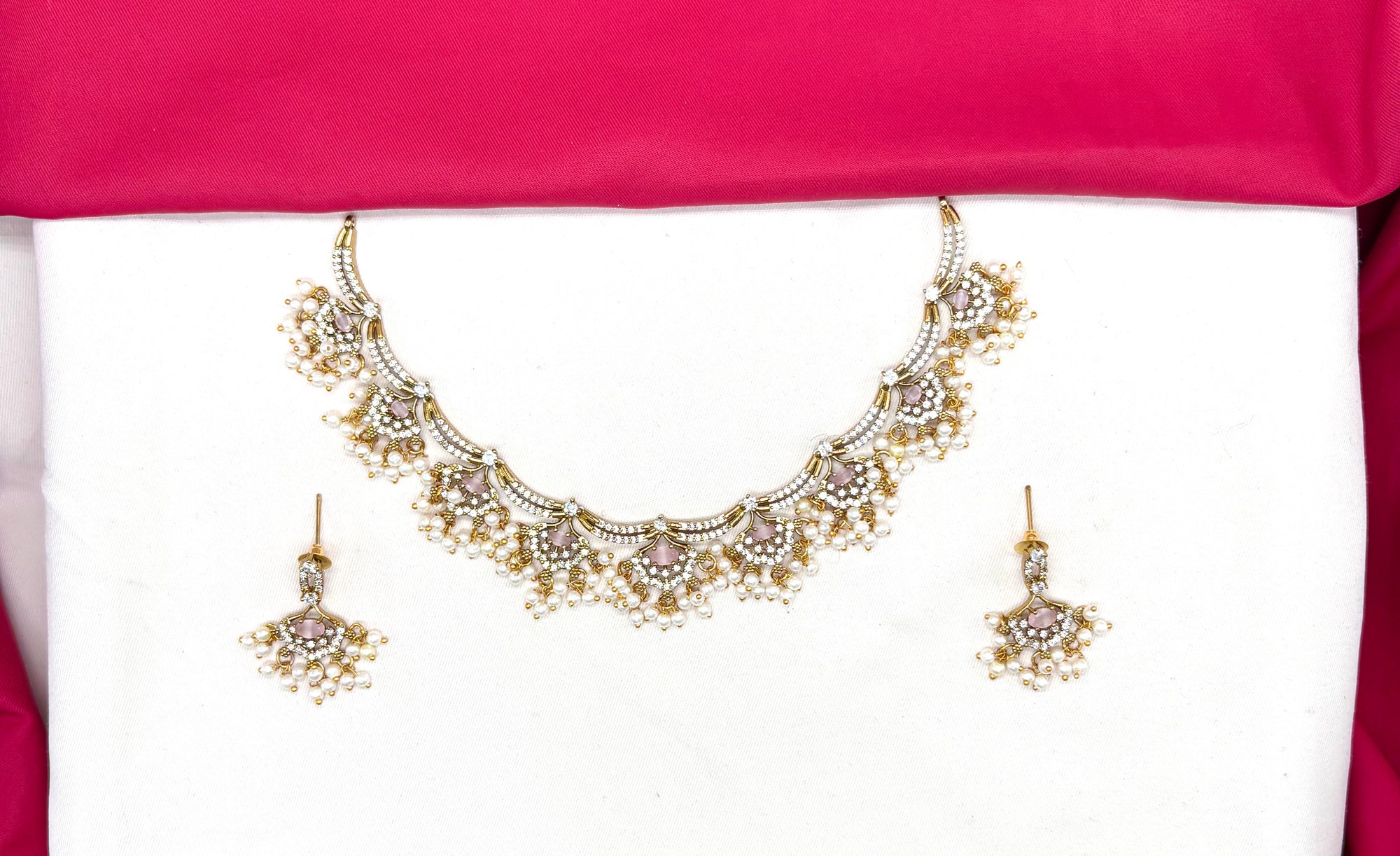 Matte finishing American Diamonds with Baby-Pink stones and Guttapusalu Short Necklace