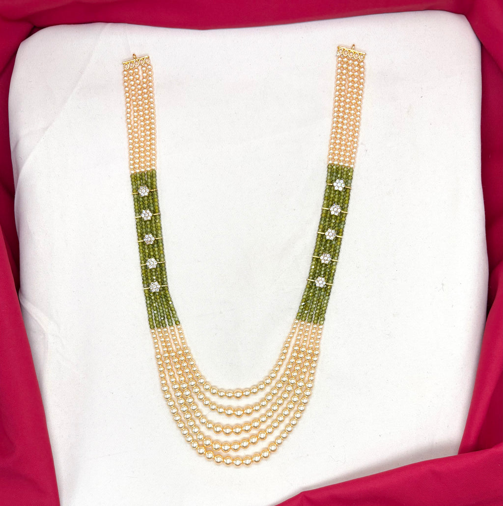 Premium Cubic Zirconia Olive-Green beads and pearls AD with flowers design small locket Mala for Unisex
