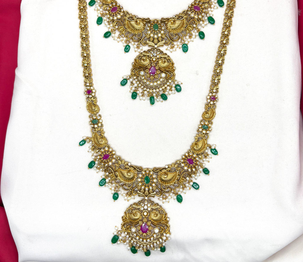 Matte finishing flower design with Ad stone & Green Beads combo-set