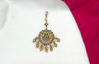 Matte finishing peacock design pink & green stones with Golden balls Maang Tikka
