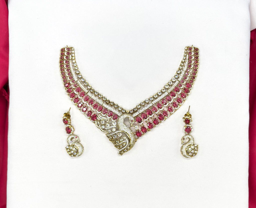 Premium Victorian finishing peacock design American diamonds With Red stones Necklace