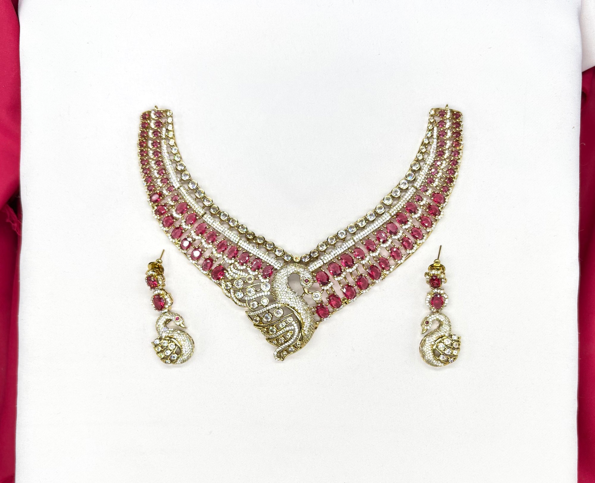Premium Victorian finishing peacock design American diamonds With Red stones Necklace