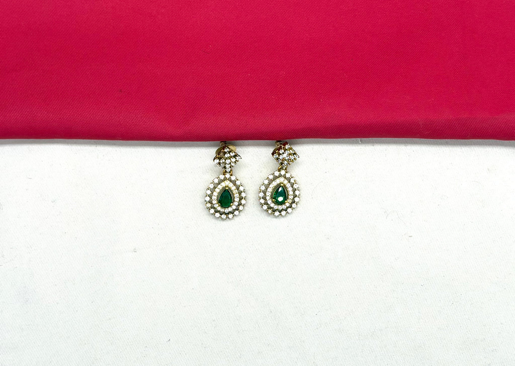 Victorian finishing American Diamonds with Central Green Stone Short Necklace