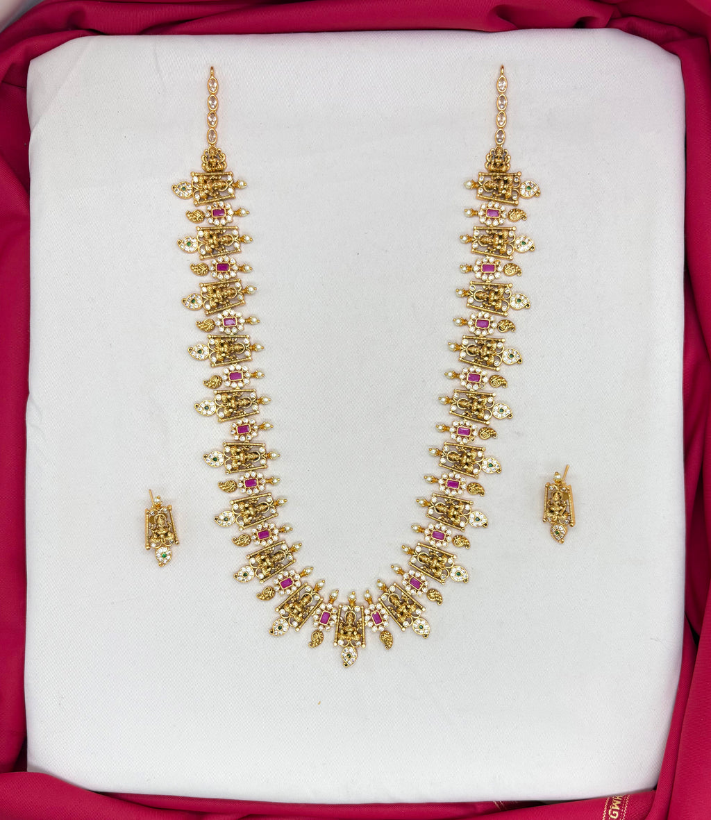 Matte finishing Lord Lakshmi with pink stones long haram