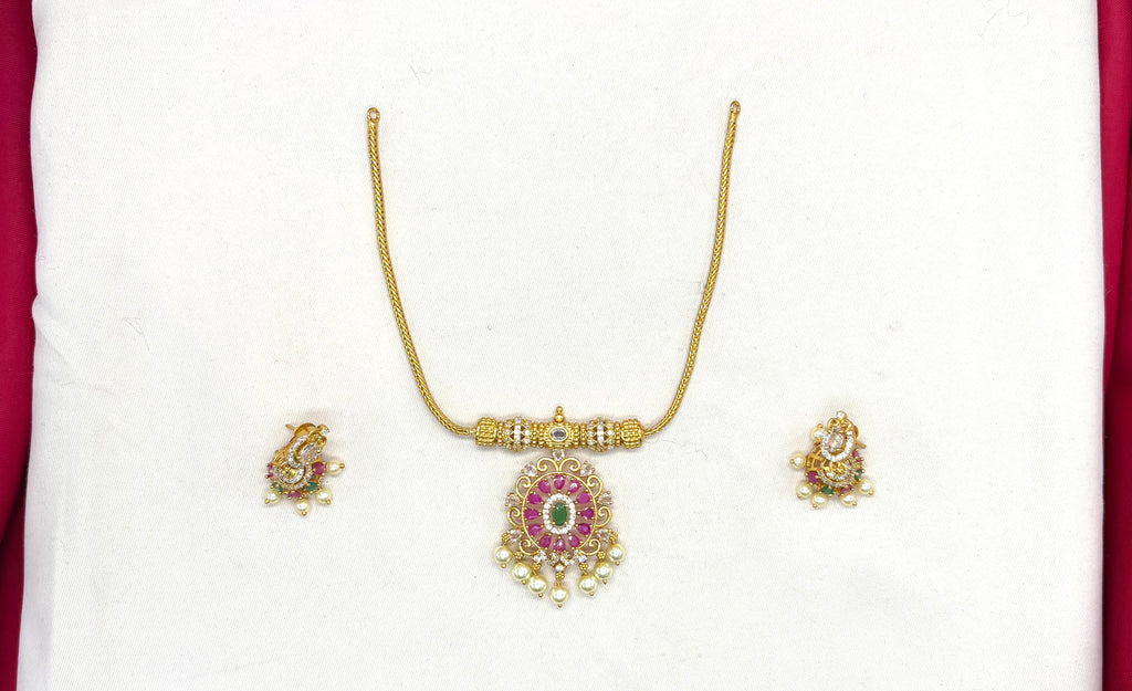 Matte finishing American Diamond Pink stones short Necklace