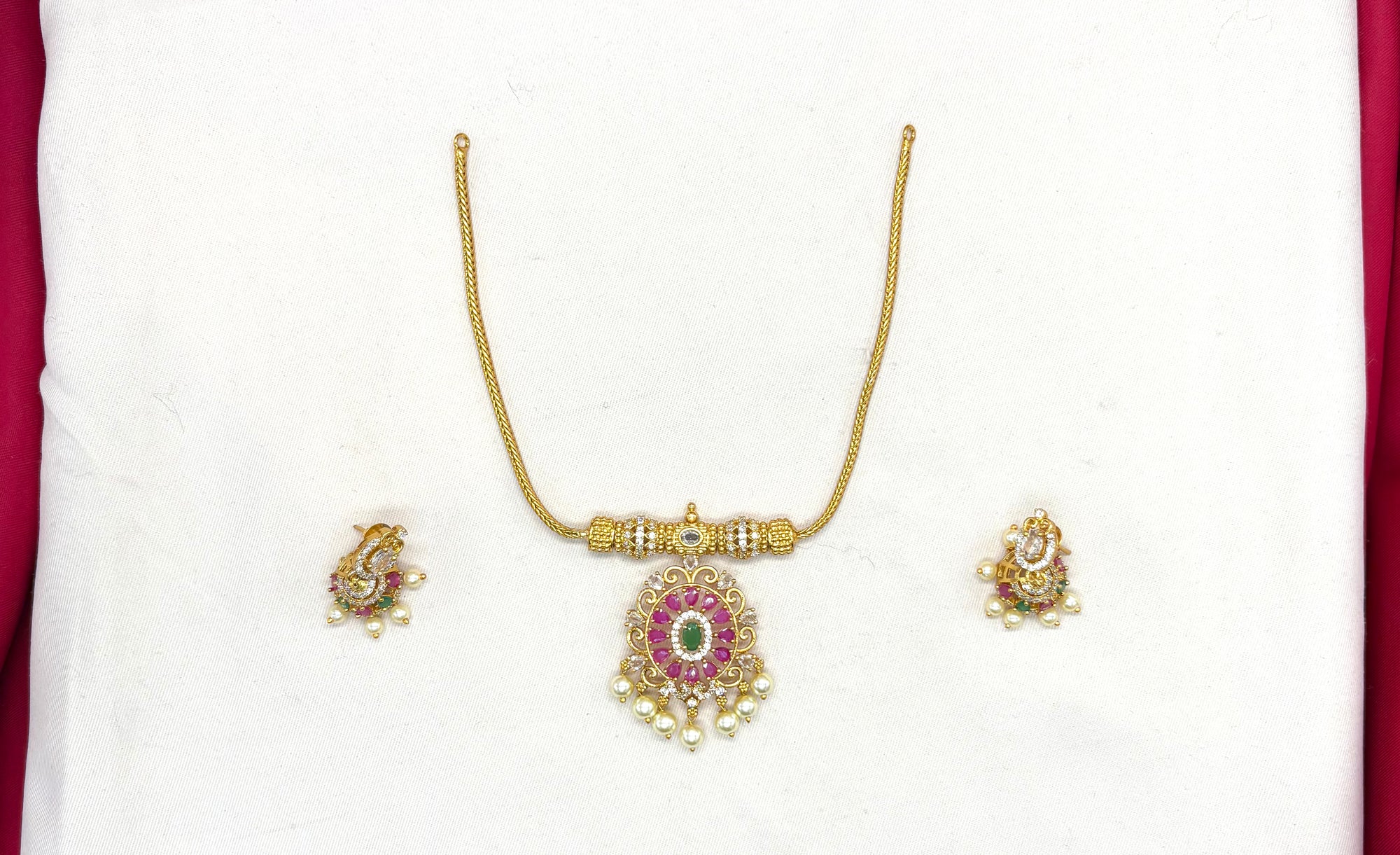 Matte finishing American Diamond Pink stones short Necklace
