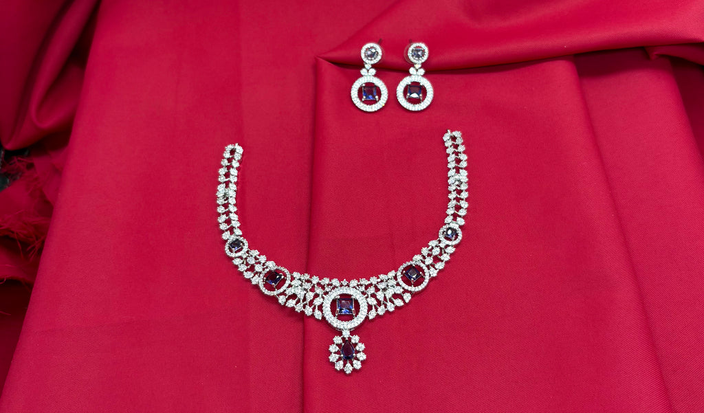 Silver Polish White & purple AD Studded Short Necklace