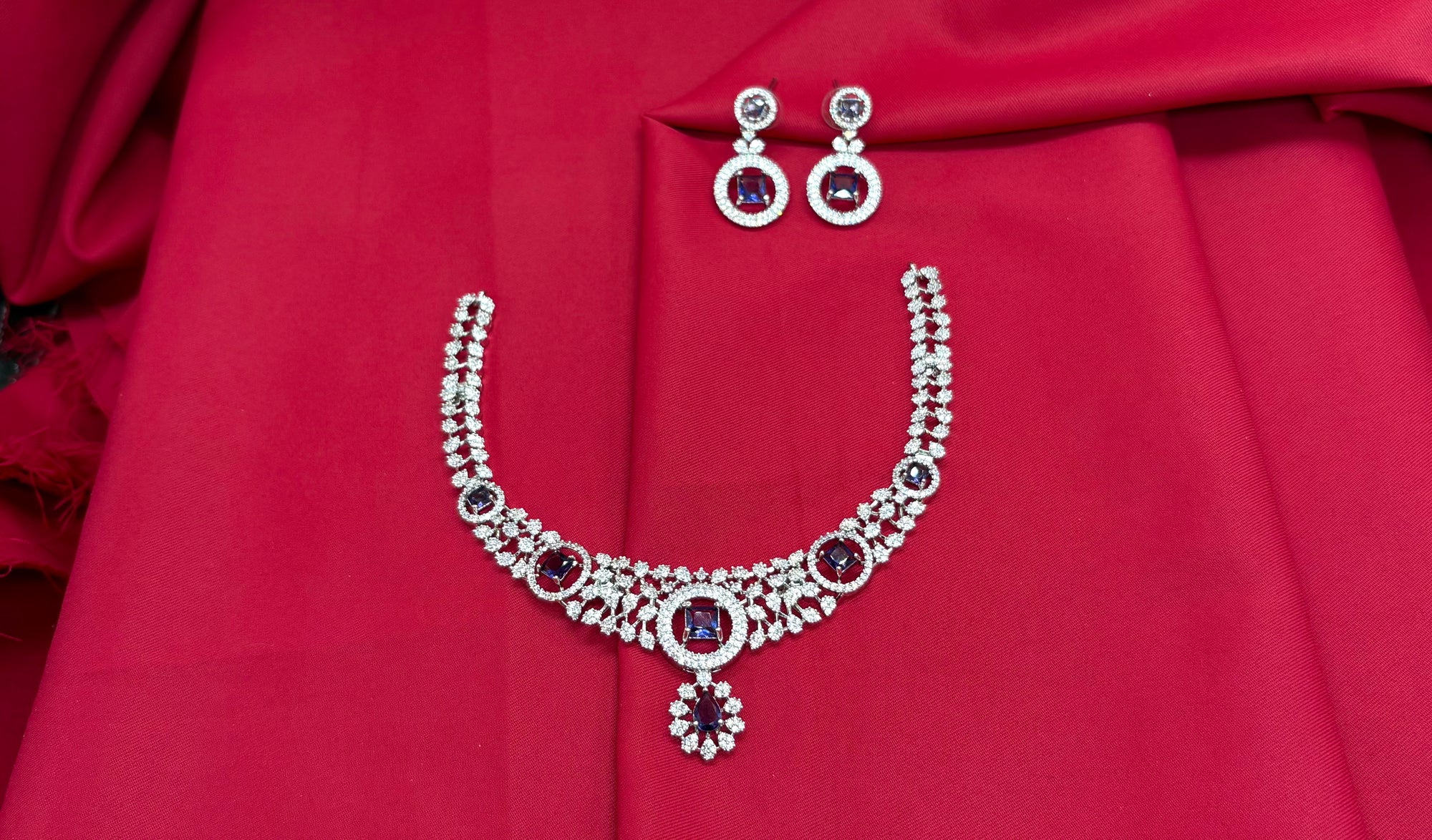Silver Polish White & purple AD Studded Short Necklace