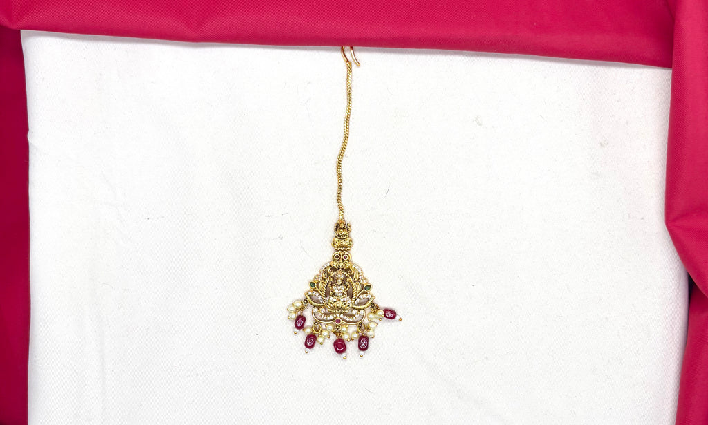 Matte finishing American Diamonds Lord Lakshmi Red Beads Maang Tikka