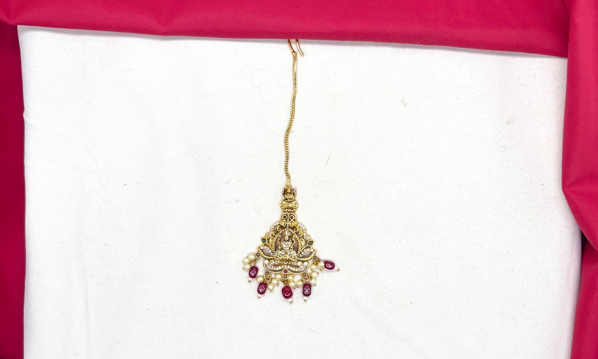 Matte finishing American Diamonds Lord Lakshmi Red Beads Maang Tikka