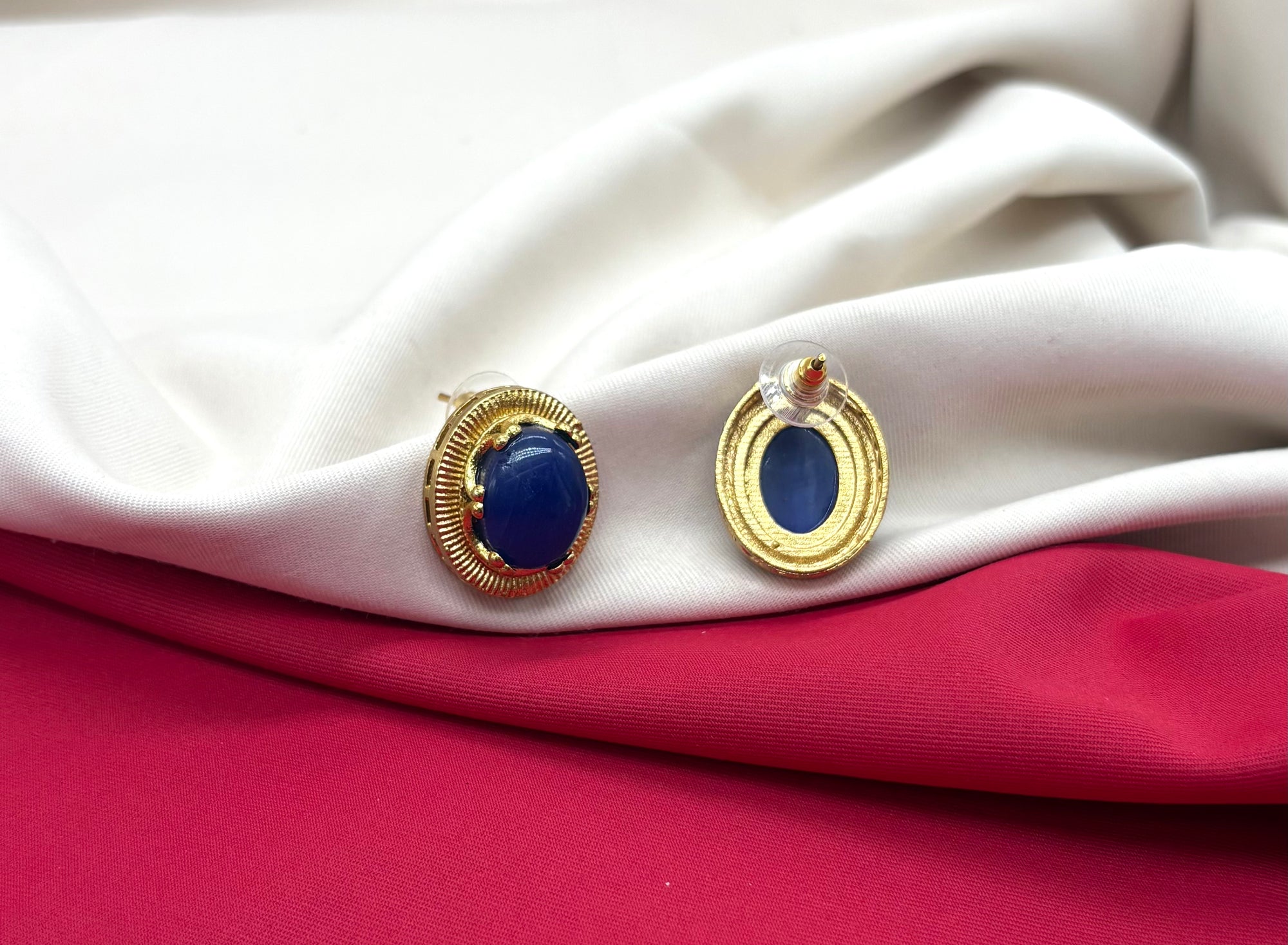Vintage Blue Moissanite Stone carved gold-tone clip-on earring