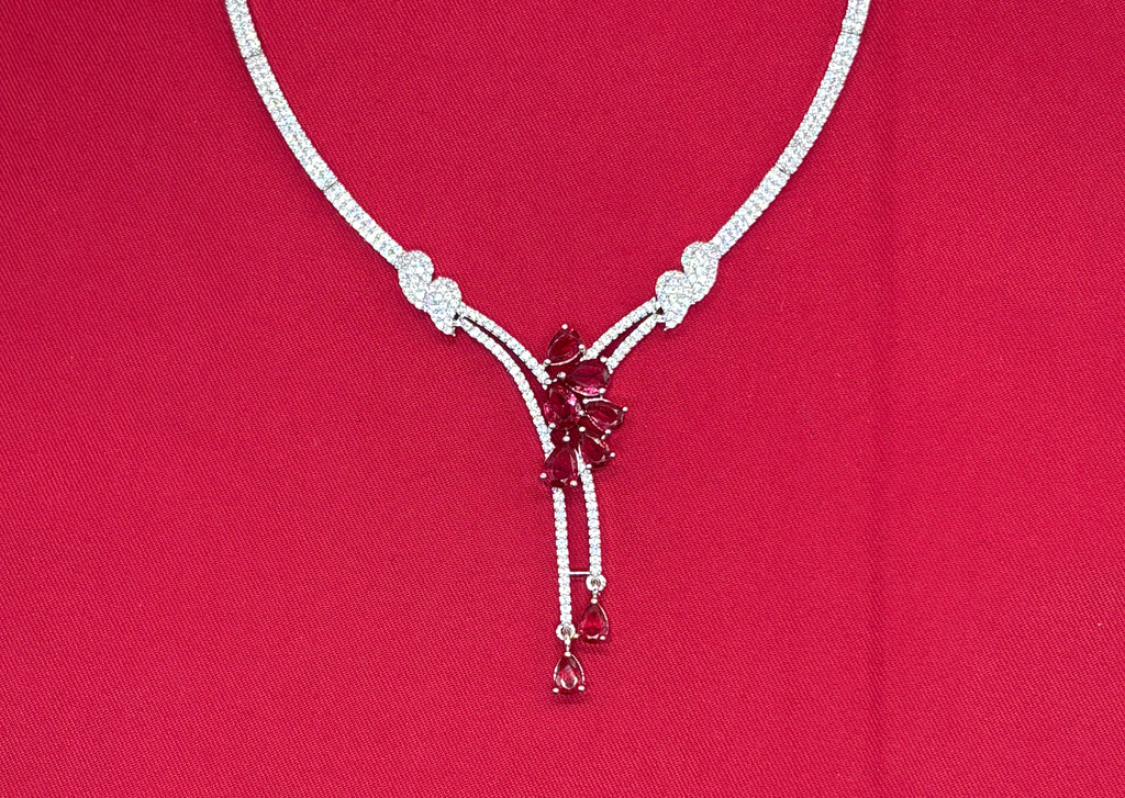 Silver American Diamonds stones deep ruby-red teardrop and floral-shaped stones Short Necklace