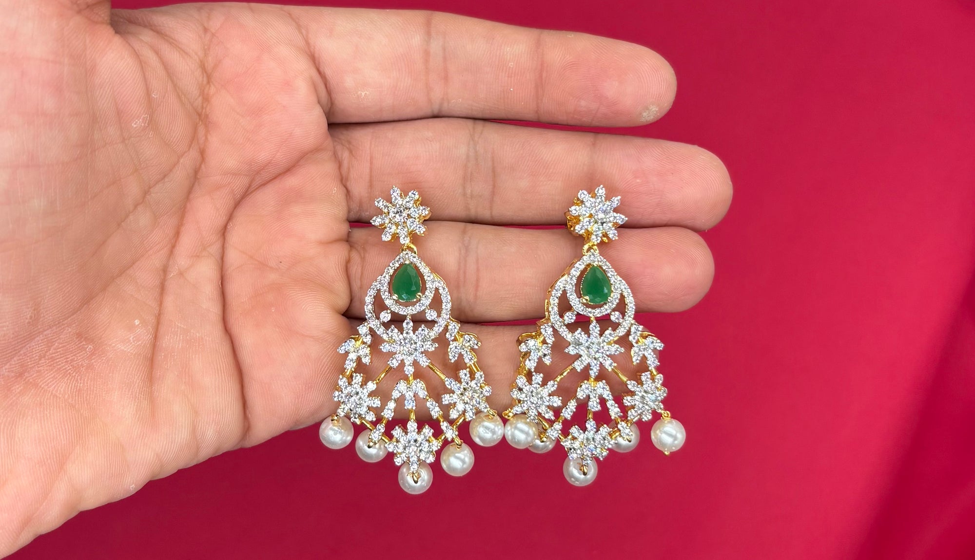Premium GJ Polishing AD Stones Flower design with Green Stone Long Haram