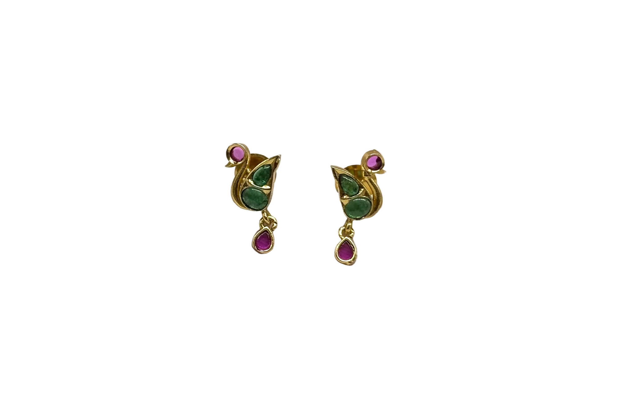 Matte finish peacock design pink stone drop studs earring