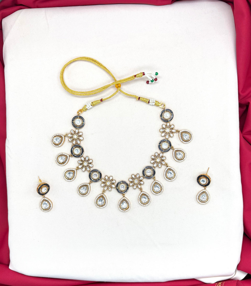 Premium Moissanite Stones floral design Black circle finish Short Necklace
