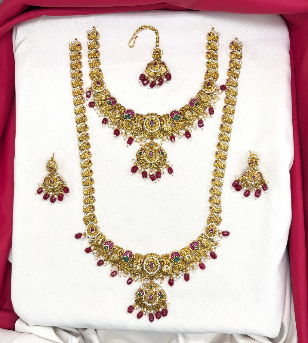 Matte finishing peacock design floral Red Beads Combo-set