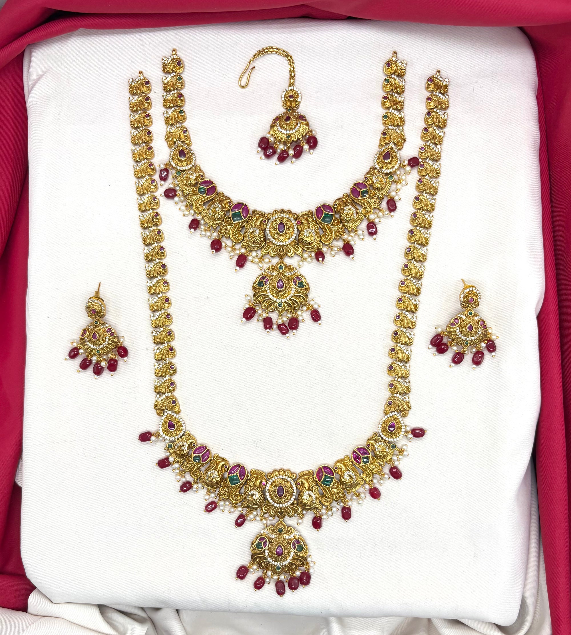 Matte finishing peacock design floral Red Beads Combo-set