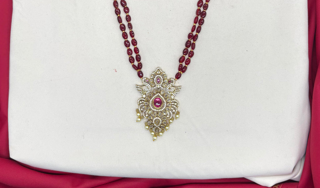Premium Layered peacock design pendent Maroon stones Rani-Haram