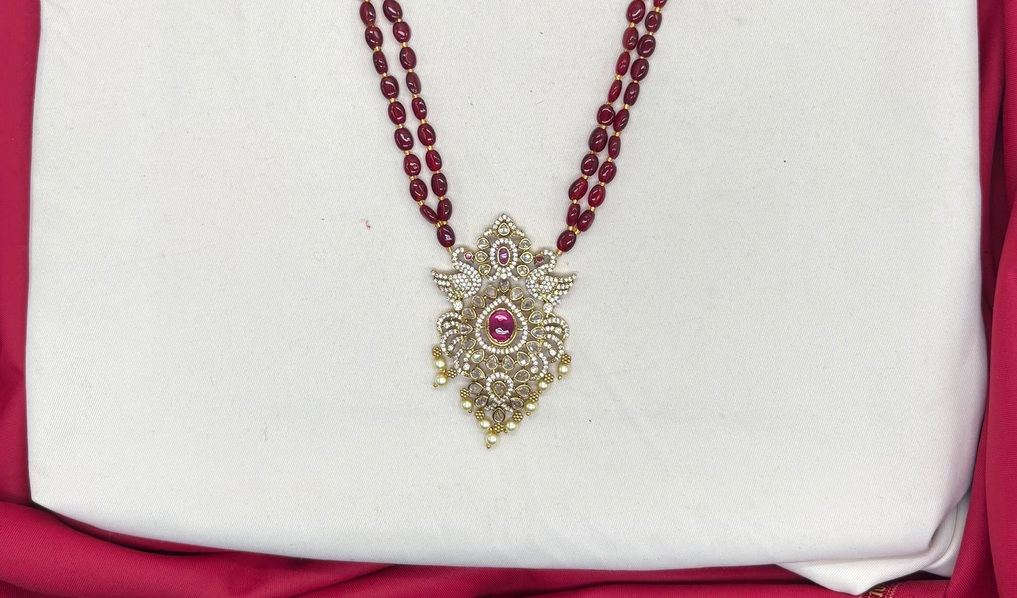 Premium Layered peacock design pendent Maroon stones Rani-Haram