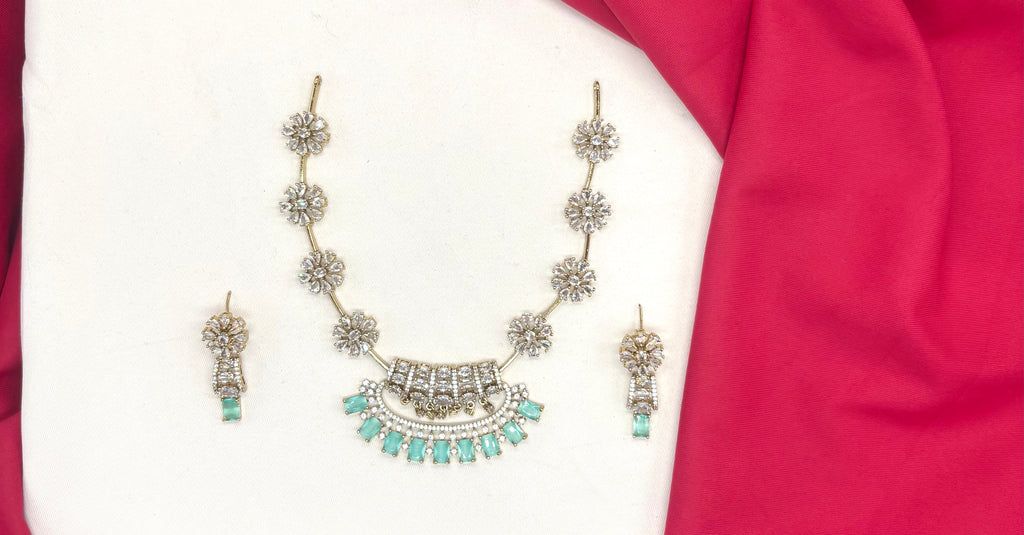 Victorian-plated American Diamond,Mint-Green Zircon stones Short Necklace (Kanti)