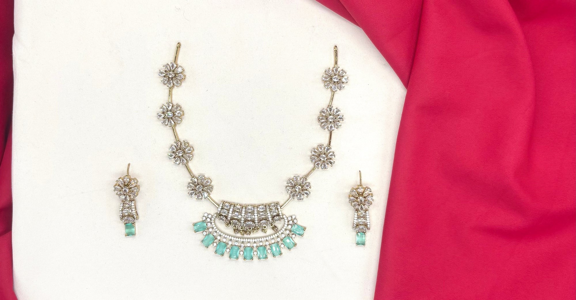 Victorian-plated American Diamond,Mint-Green Zircon stones Short Necklace (Kanti)