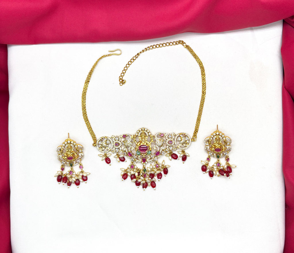 Matte finishing white stones with Lord Ganesh design Red Beads (choker) Necklace