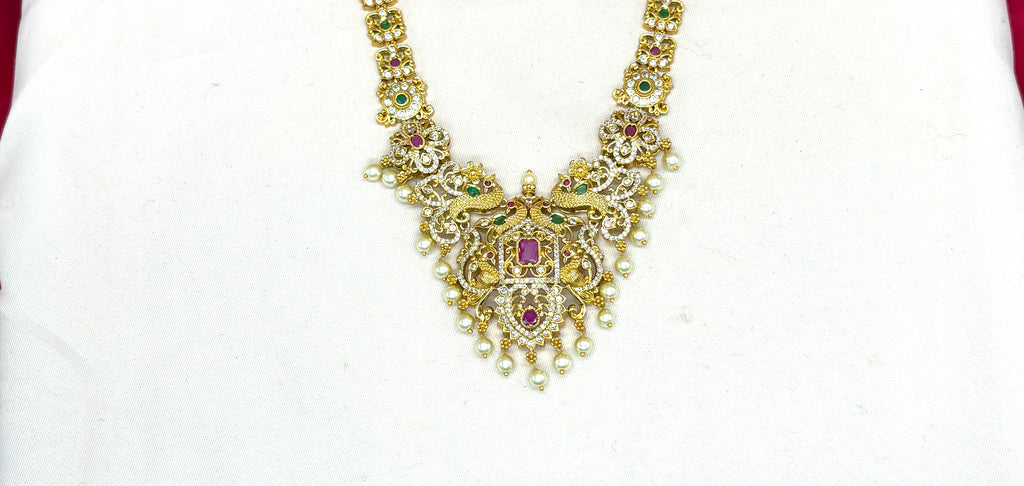 Matte finishing peacock and floral design with white pearls short Necklace