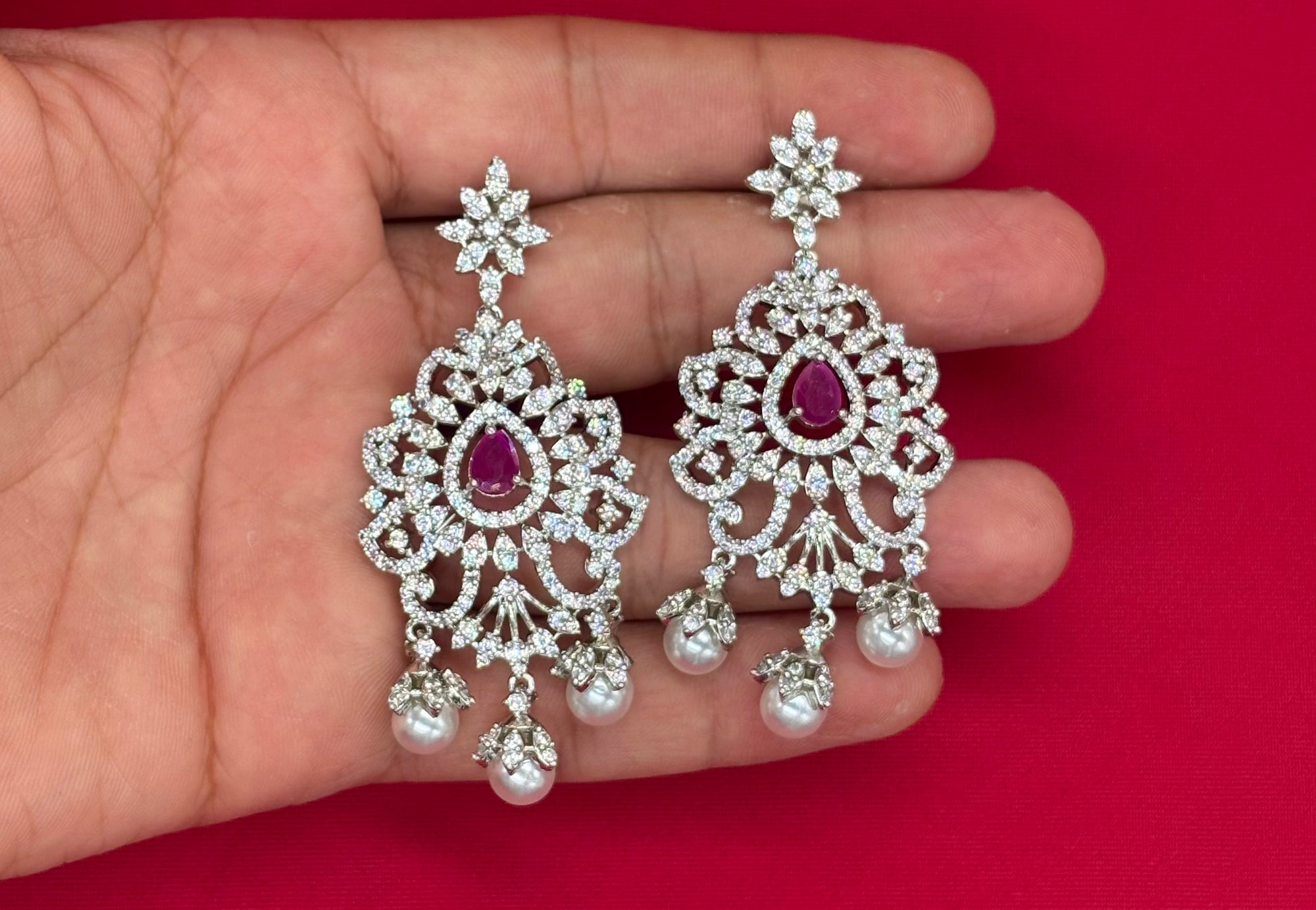 Ad Stones Silver Detachable With Pink stones Long Haram
