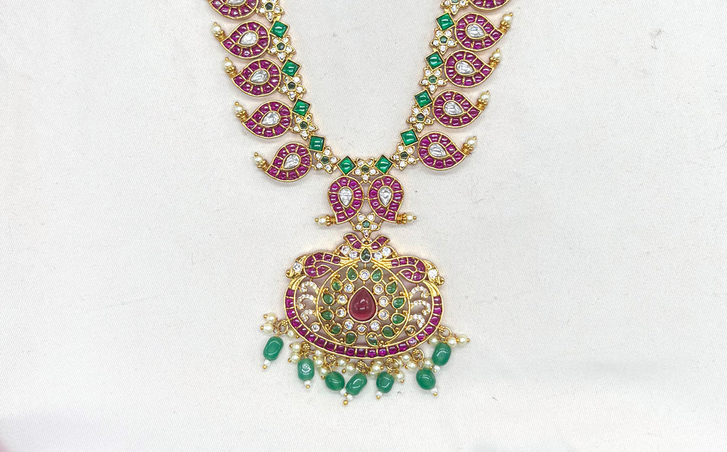 Premium Jadau kundan with floral finish and Green beads Long Necklace