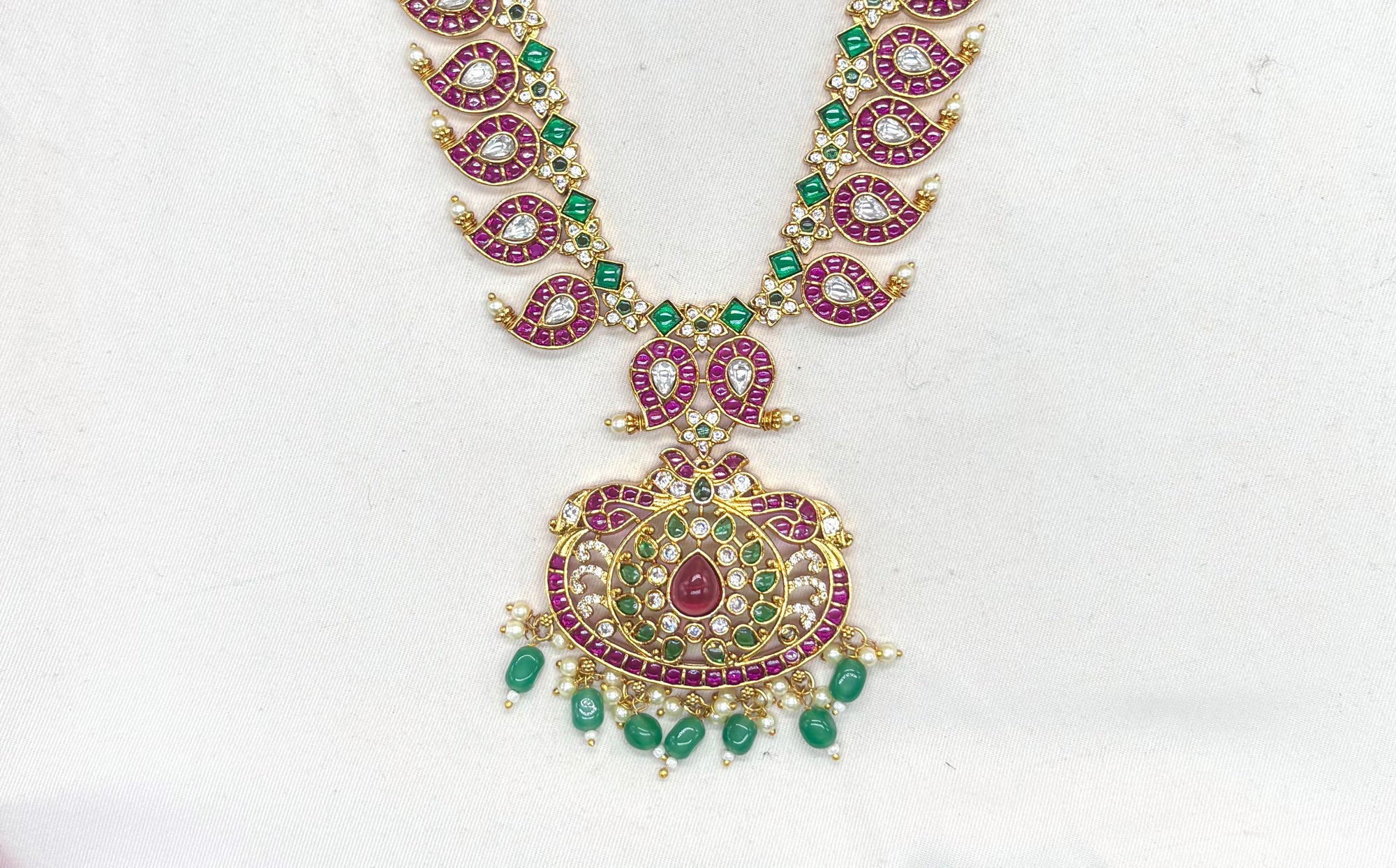 Premium Jadau kundan with floral finish and Green beads Long Necklace